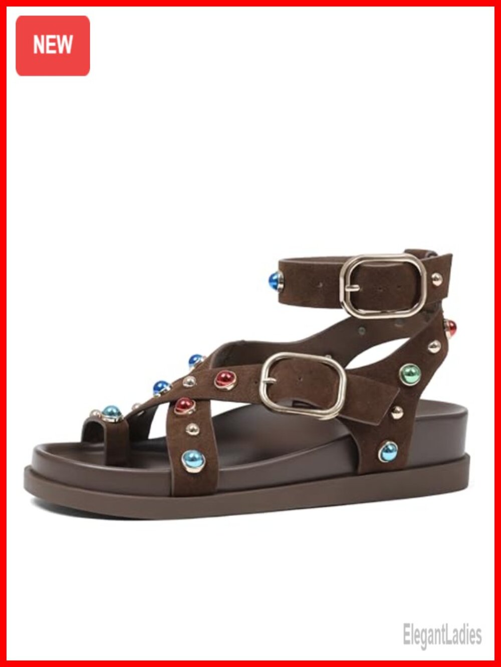 Gemstone-Studded Ankle Wrap Platform Flat Sandals - Wide Width
